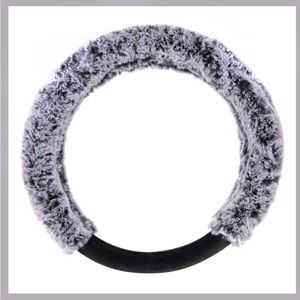 Grey Contrast Faux Fur Wool Sheepskin Steering Wheel Cover Car Accessory